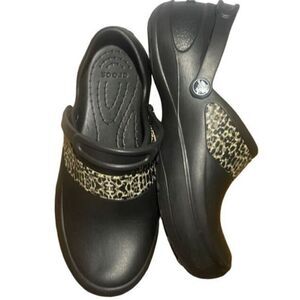 CROCS Black Mules with Leopard Detail